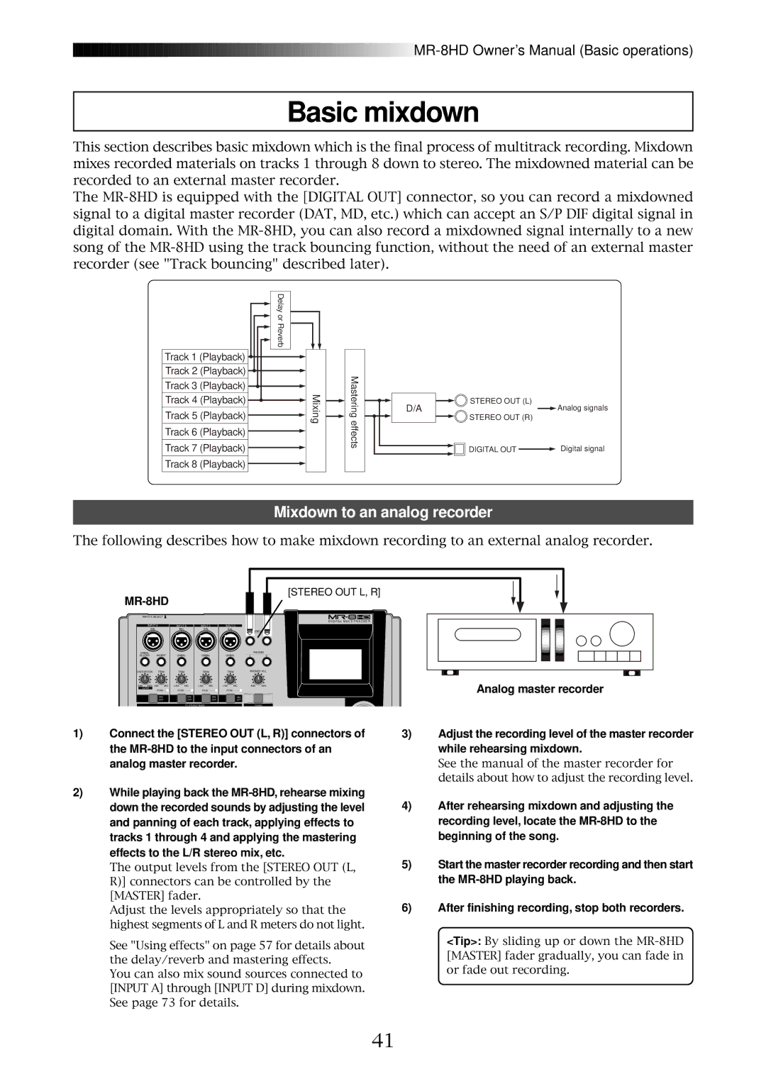 Fostex MR-8HD owner manual Basic mixdown, Mixdown to an analog recorder 