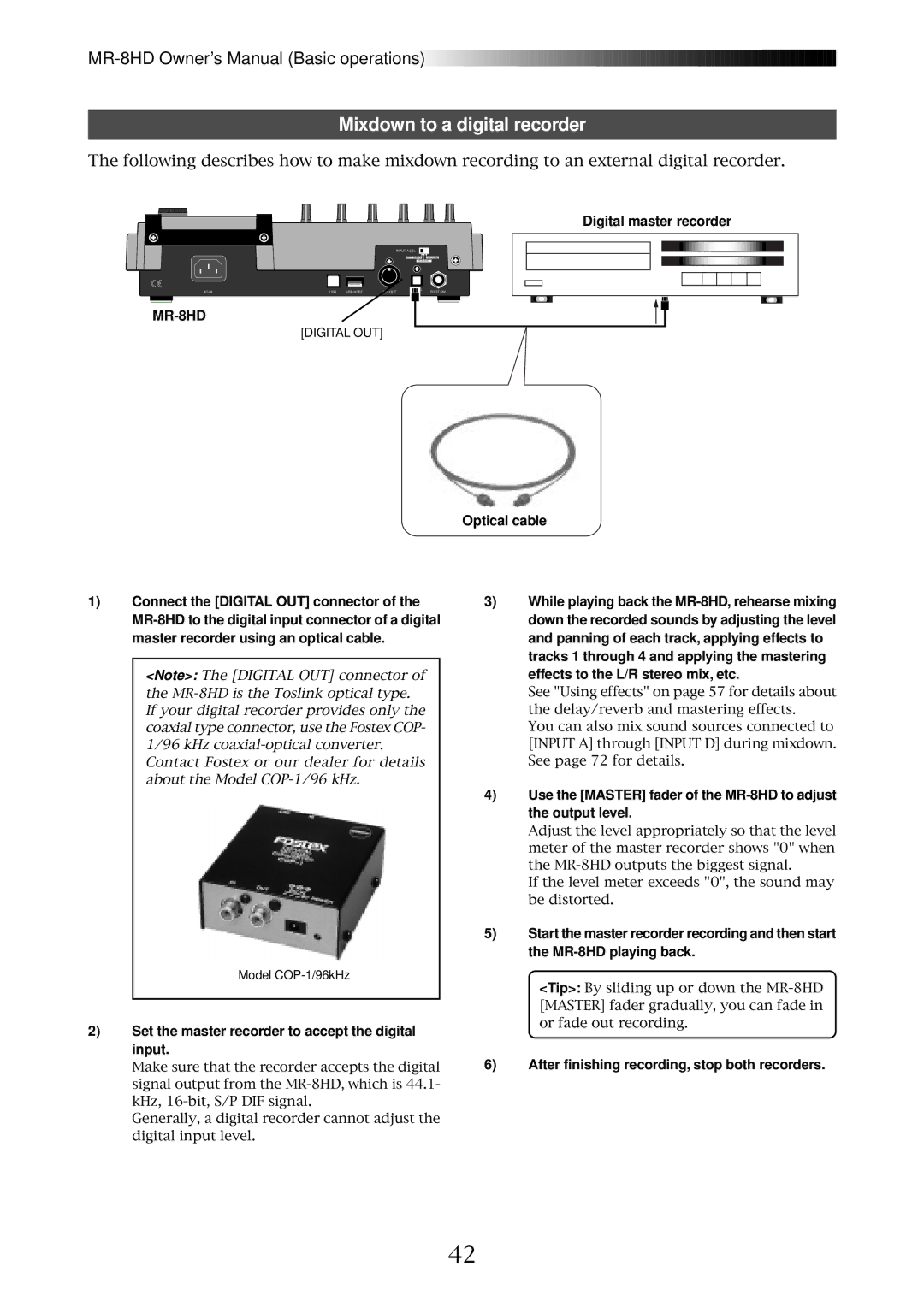 Fostex MR-8HD Mixdown to a digital recorder, Digital master recorder, Set the master recorder to accept the digital input 