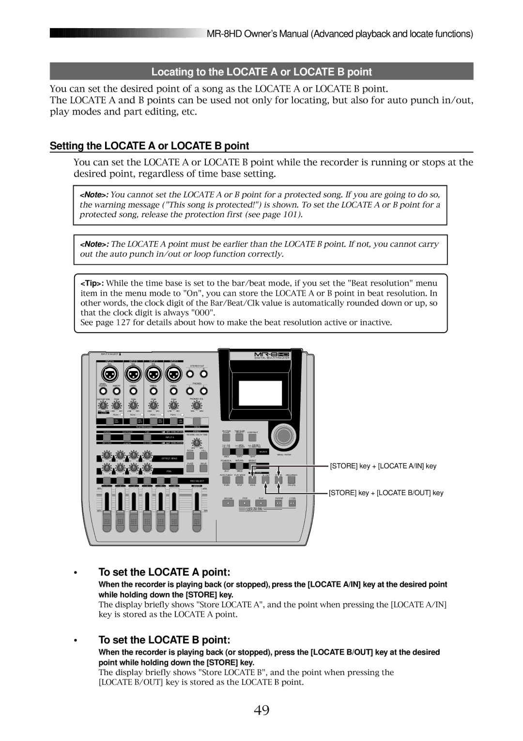 Fostex MR-8HD owner manual Locating to the Locate a or Locate B point, Setting the Locate a or Locate B point 