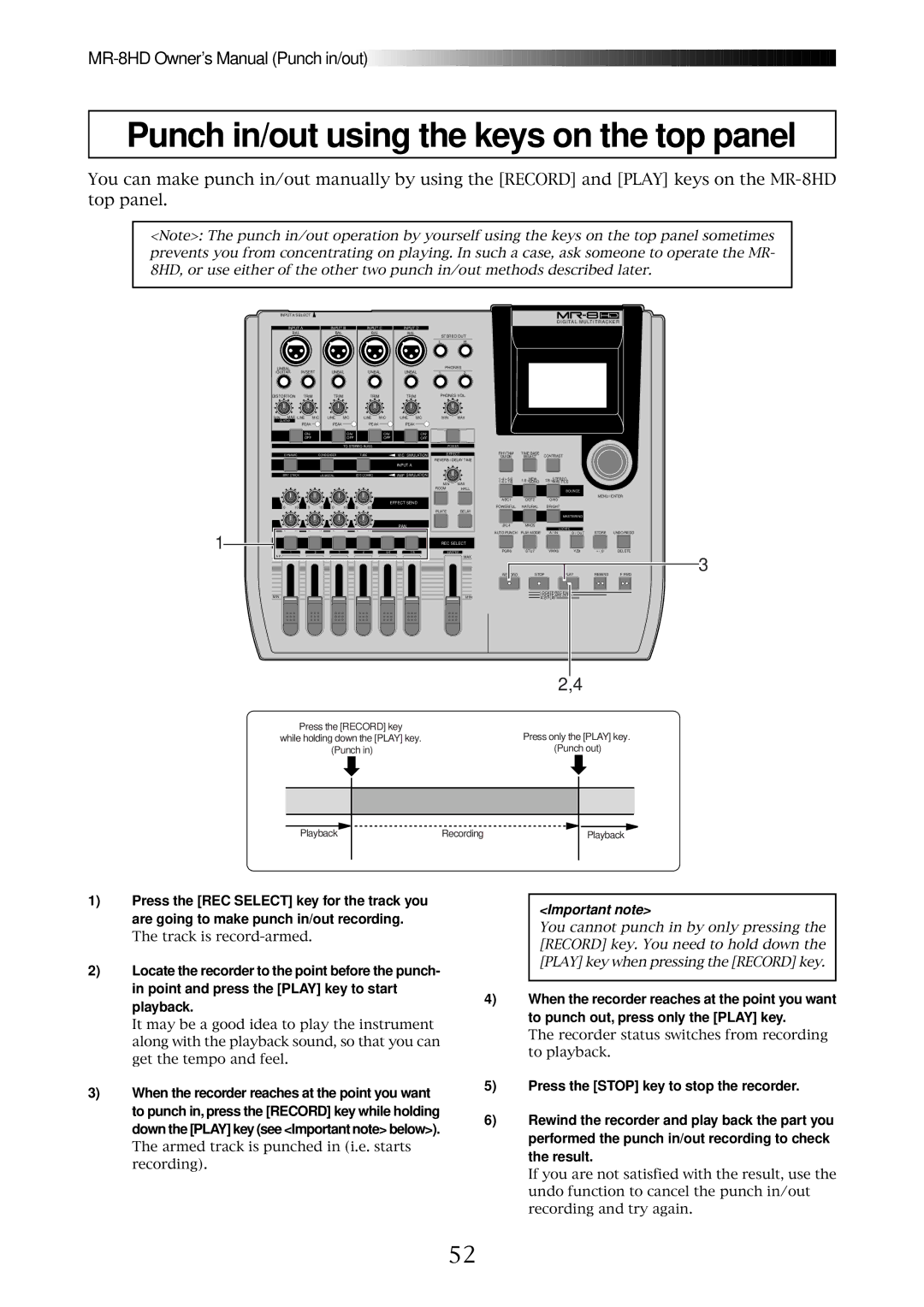 Fostex MR-8HD owner manual Punch in/out using the keys on the top panel, Important note 