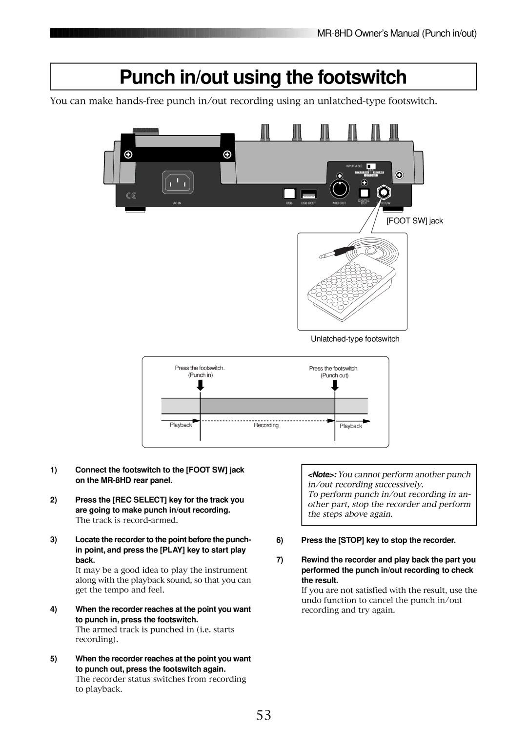 Fostex MR-8HD owner manual Punch in/out using the footswitch 