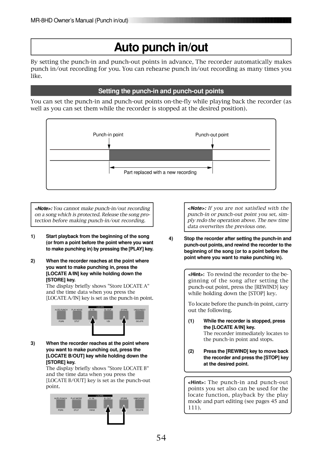 Fostex MR-8HD owner manual Auto punch in/out, Setting the punch-in and punch-out points 