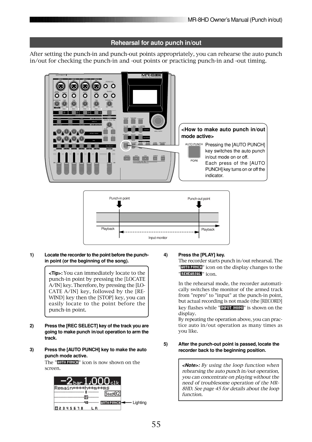 Fostex MR-8HD owner manual Rehearsal for auto punch in/out, How to make auto punch in/out mode active, Press the Play key 