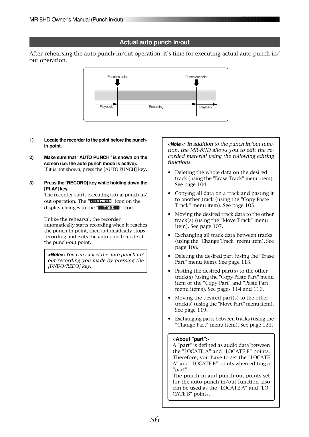 Fostex MR-8HD owner manual Actual auto punch in/out, About part, Press the Record key while holding down the Play key 