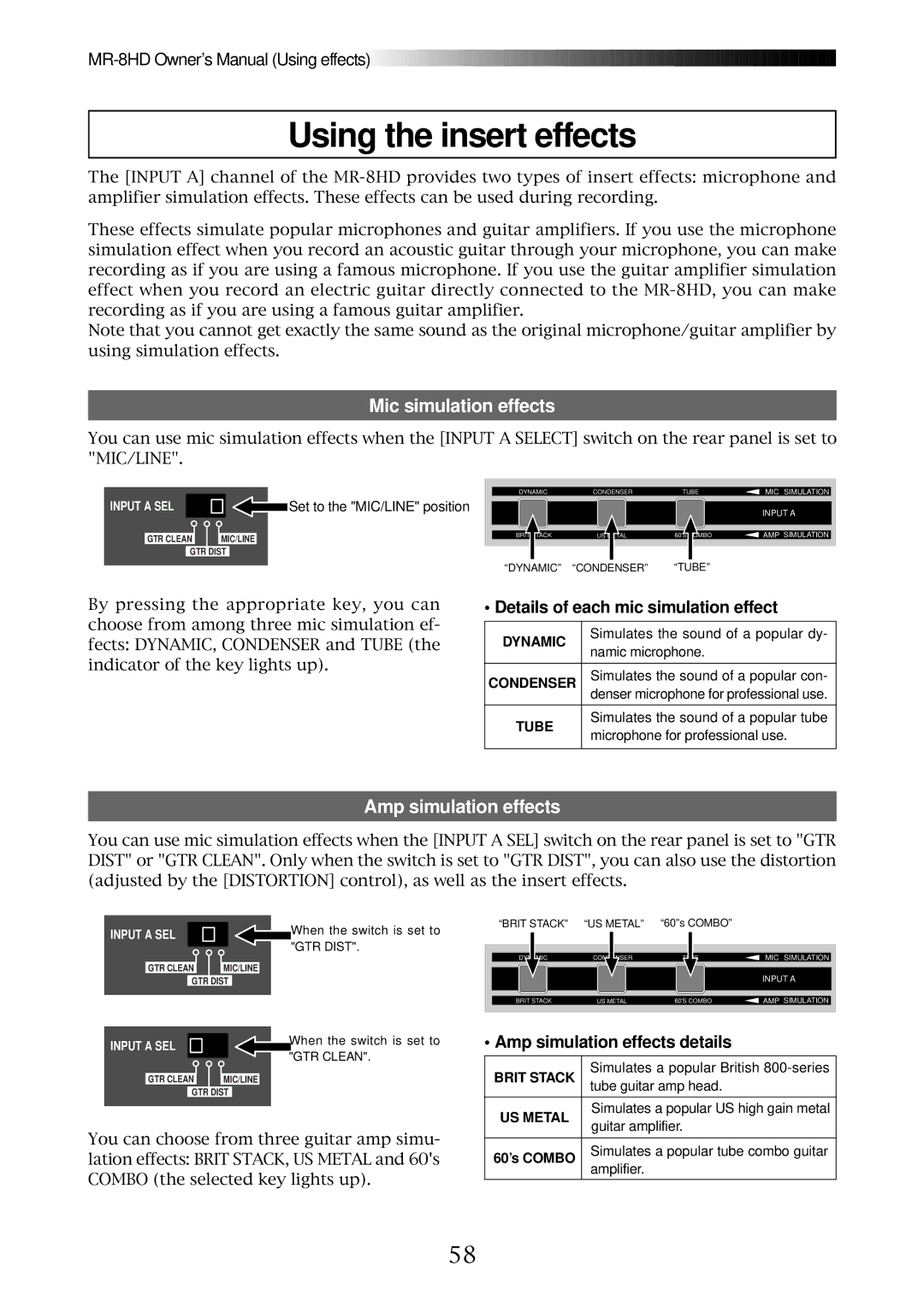 Fostex MR-8HD owner manual Using the insert effects, Mic simulation effects, Amp simulation effects details 