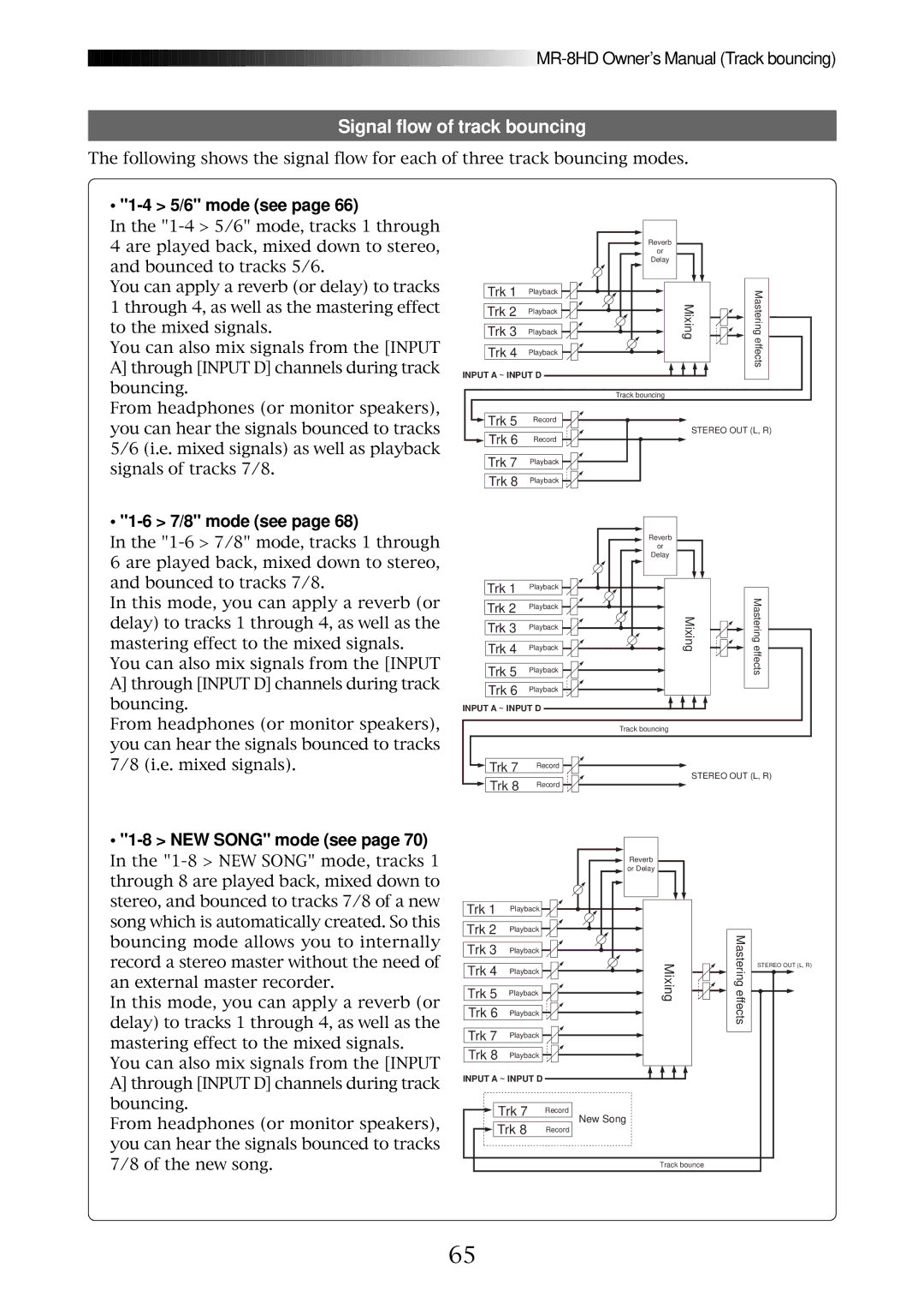 Fostex MR-8HD owner manual Signal flow of track bouncing, 5/6 mode see, 7/8 mode see, NEW Song mode see 