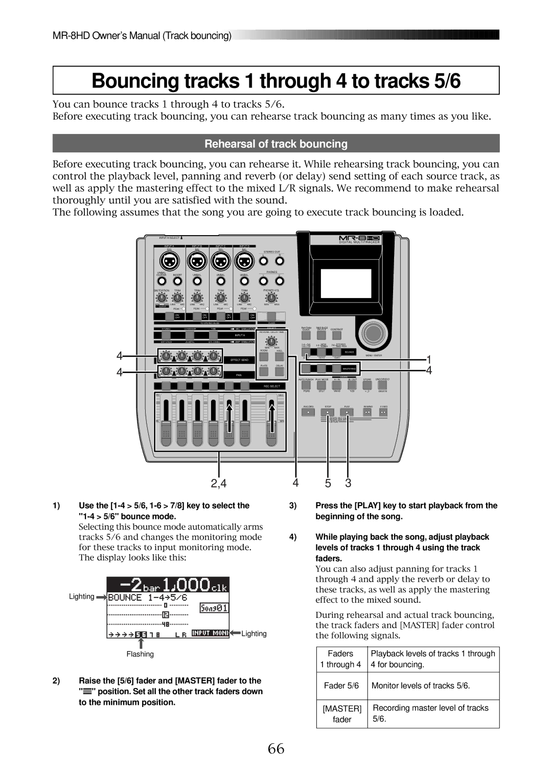 Fostex MR-8HD owner manual Bouncing tracks 1 through 4 to tracks 5/6, Rehearsal of track bouncing 