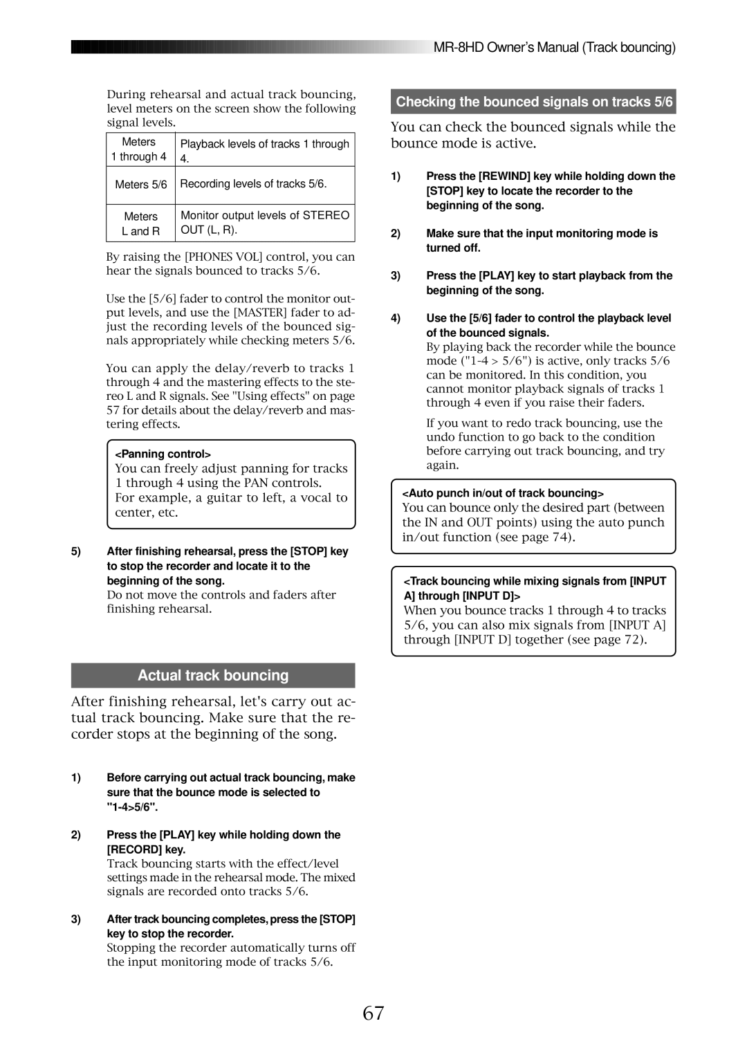 Fostex MR-8HD owner manual Actual track bouncing, Panning control, Auto punch in/out of track bouncing 