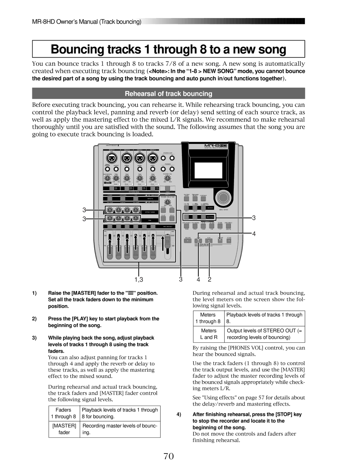 Fostex MR-8HD owner manual Bouncing tracks 1 through 8 to a new song, Fader Ing 