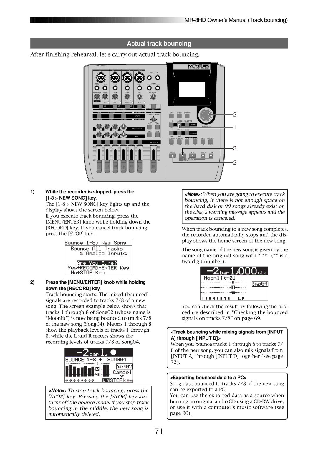 Fostex MR-8HD owner manual While the recorder is stopped, press the 1-8 NEW Song key 