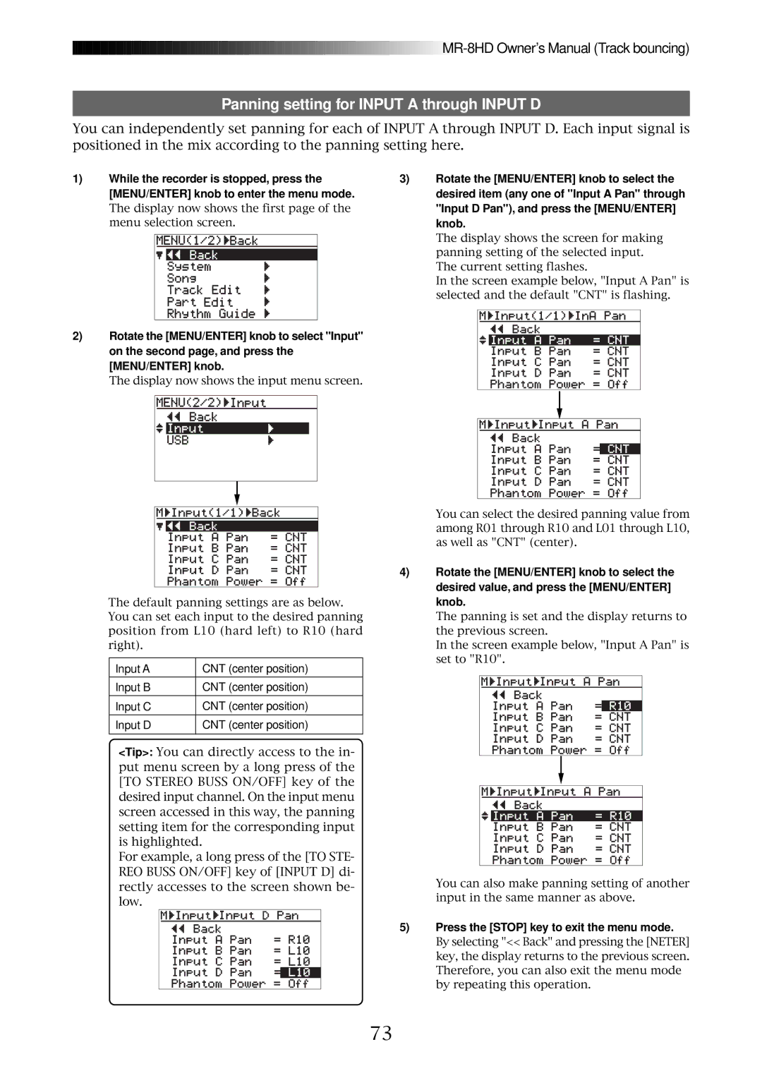 Fostex MR-8HD owner manual Panning setting for Input a through Input D, Press the Stop key to exit the menu mode 