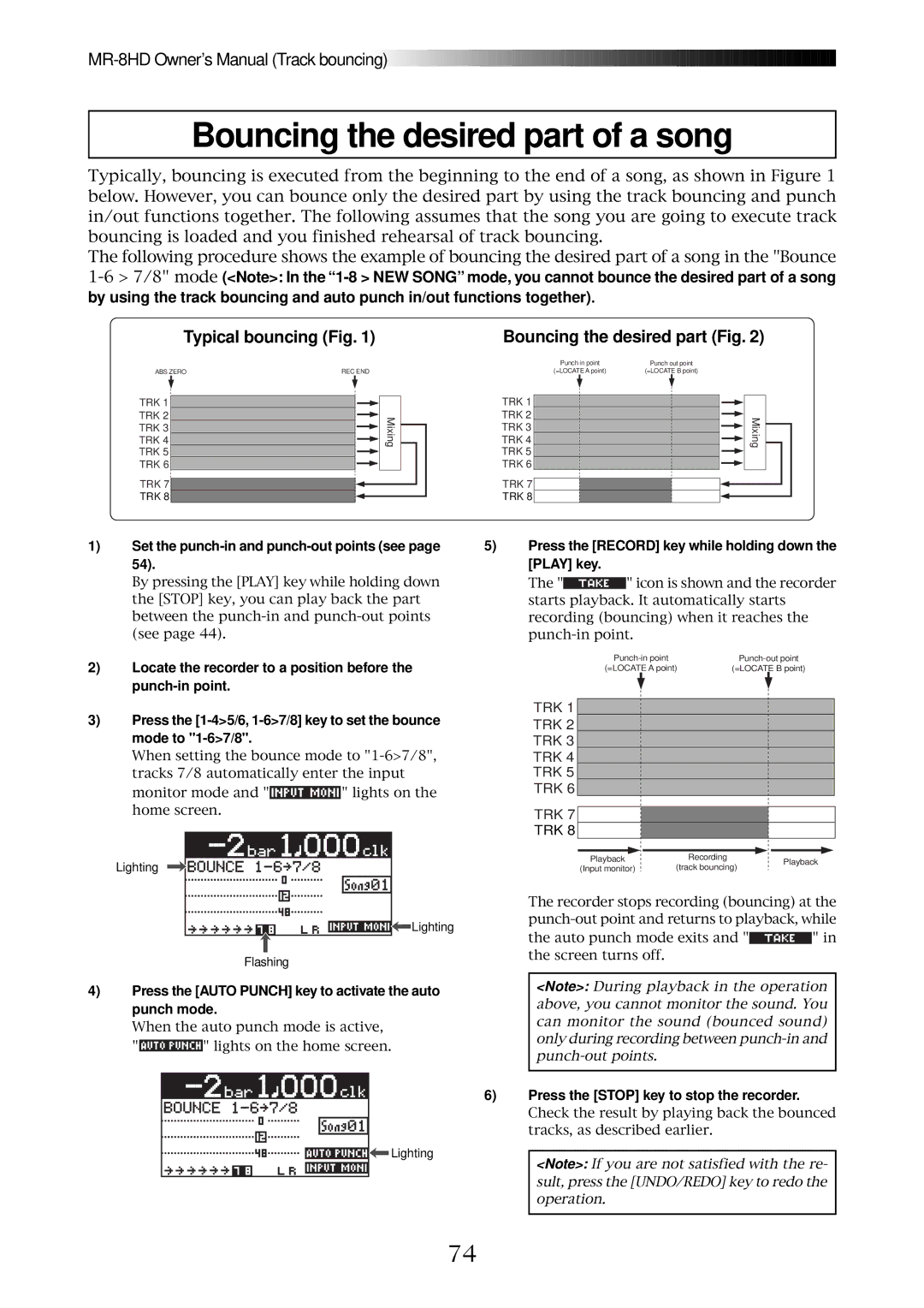 Fostex MR-8HD owner manual Bouncing the desired part of a song, Typical bouncing Fig Bouncing the desired part Fig 