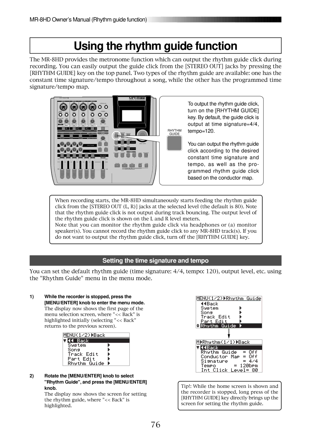 Fostex MR-8HD owner manual Using the rhythm guide function, Setting the time signature and tempo 