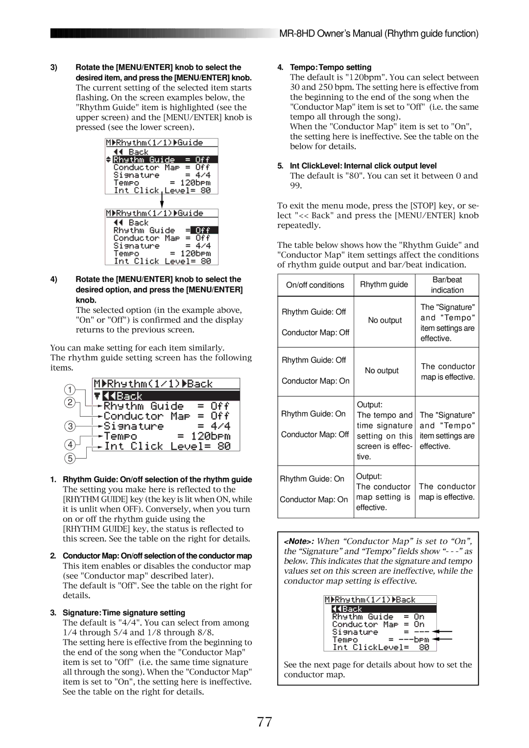 Fostex MR-8HD Tempo Tempo setting, Rhythm Guide On/off selection of the rhythm guide, Signature Time signature setting 