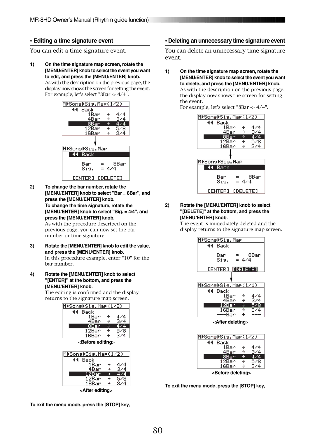 Fostex MR-8HD owner manual Editing a time signature event, Deleting an unnecessary time signature event, After deleting 
