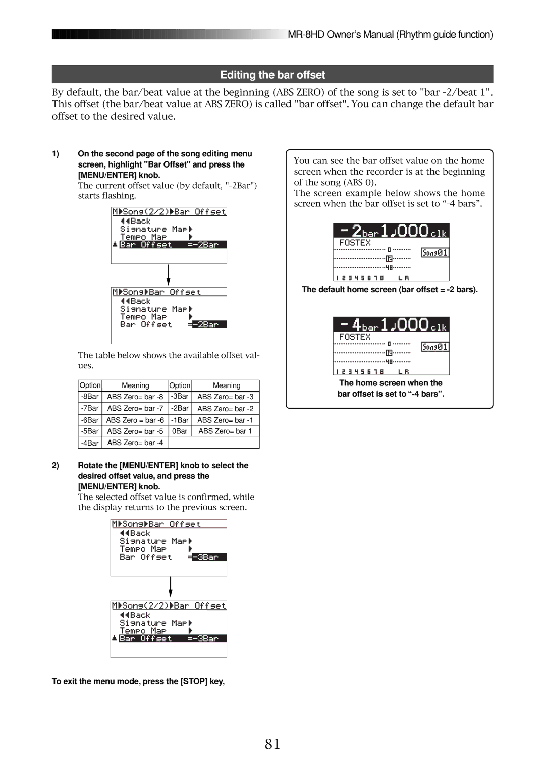 Fostex MR-8HD Editing the bar offset, Default home screen bar offset = -2 bars, To exit the menu mode, press the Stop key 
