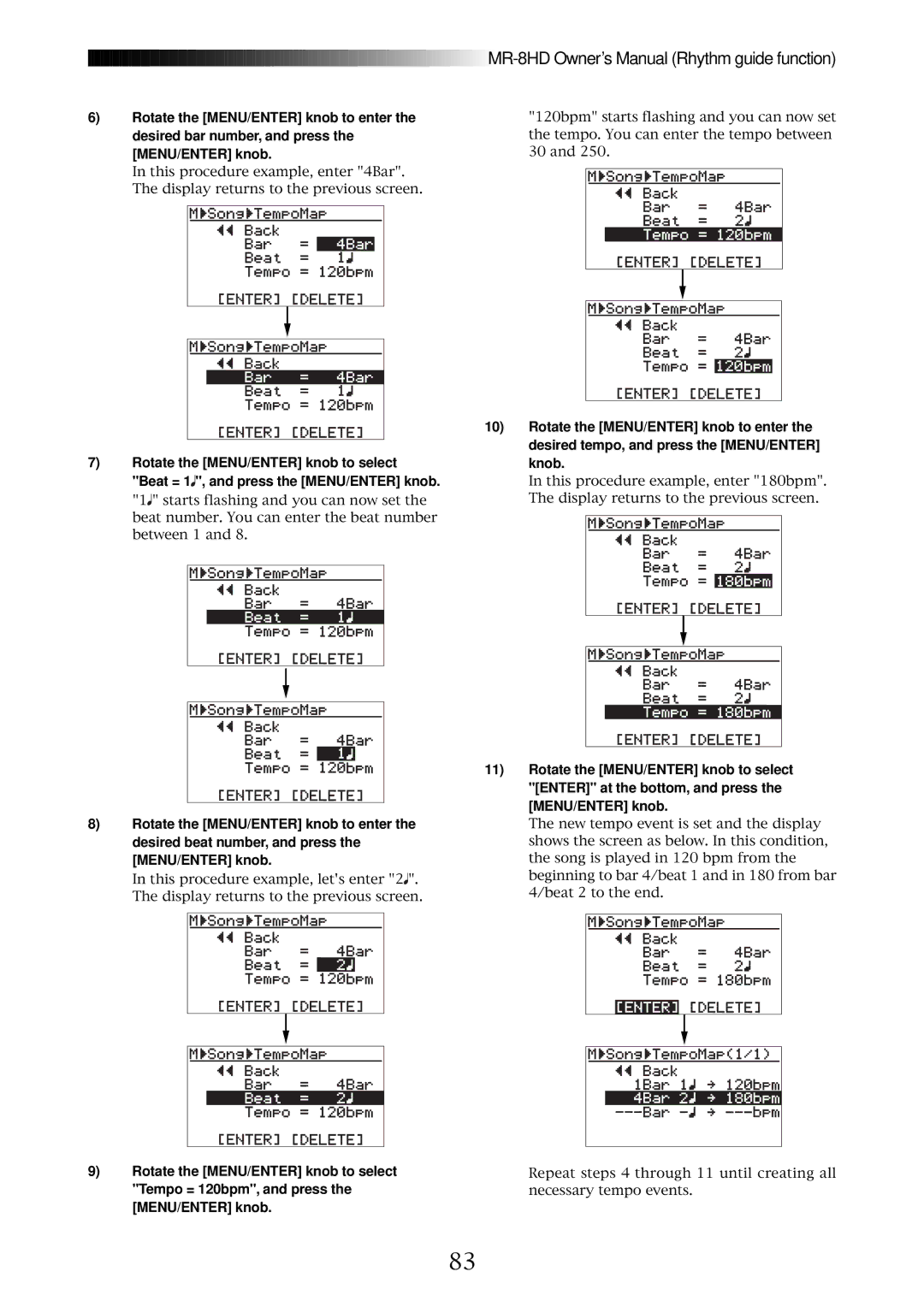 Fostex MR-8HD owner manual Rotate the MENU/ENTER knob to select, Tempo = 120bpm, and press 