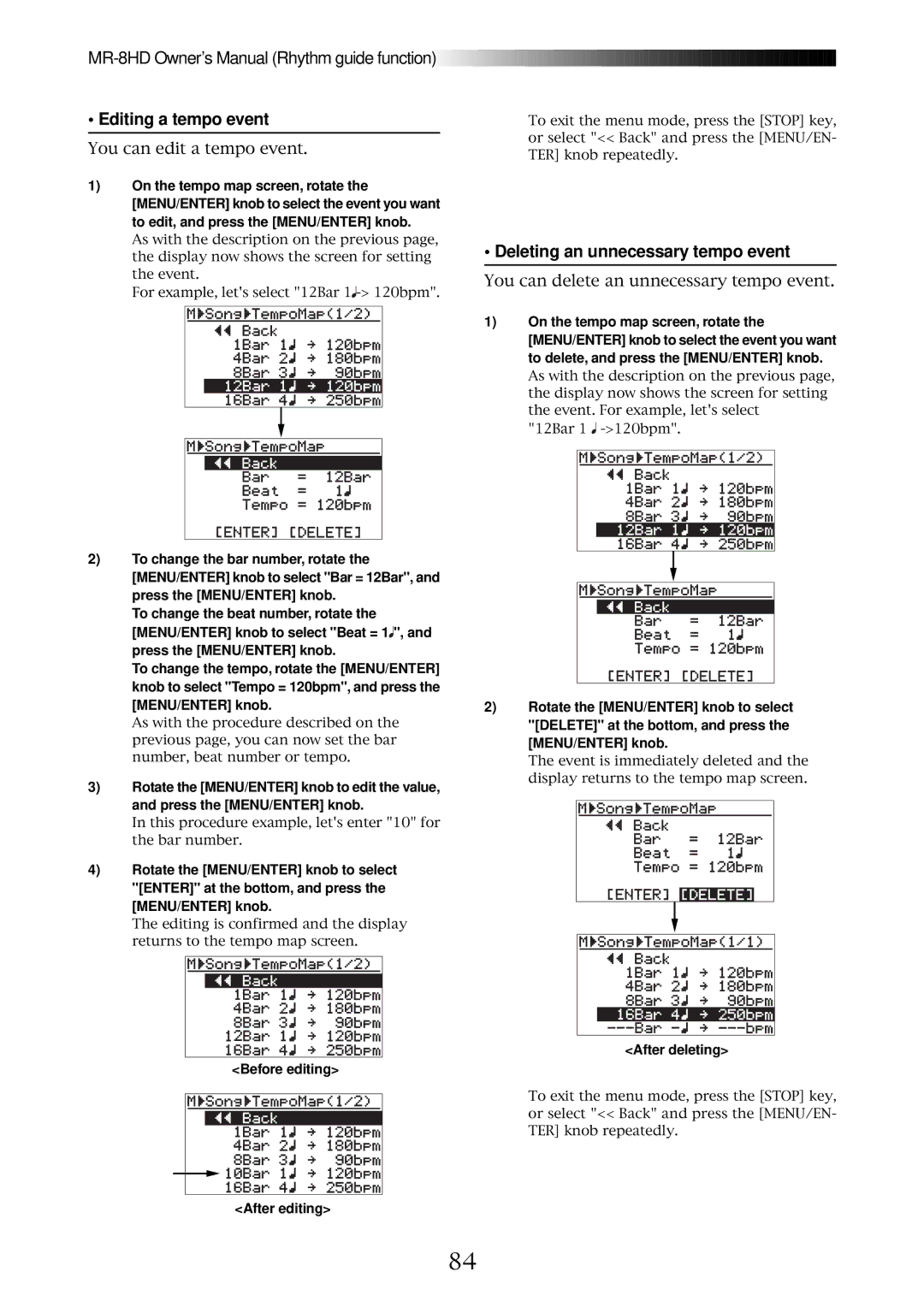 Fostex MR-8HD owner manual Editing a tempo event, Deleting an unnecessary tempo event, Before editing, After editing 