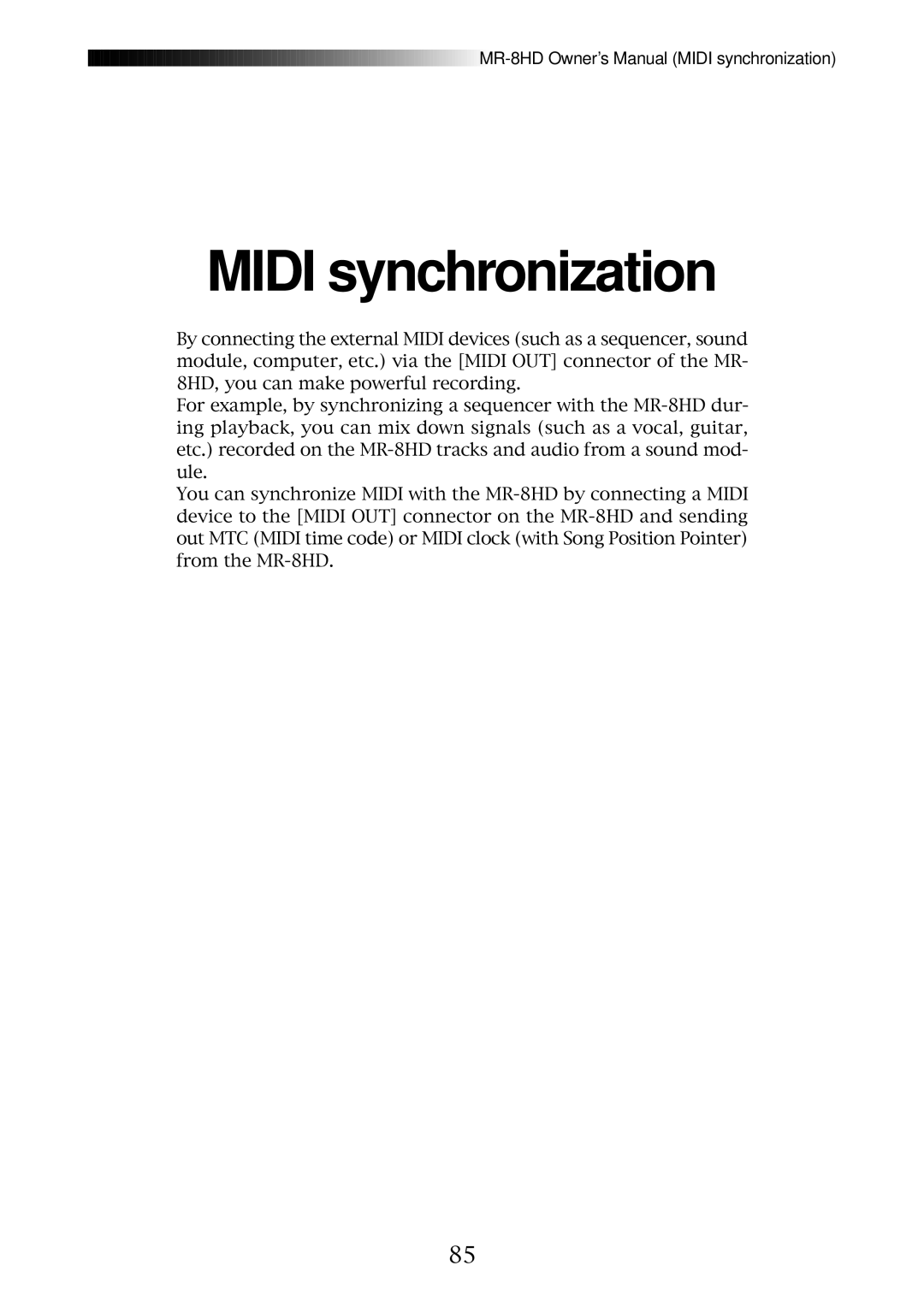 Fostex MR-8HD owner manual Midi synchronization 