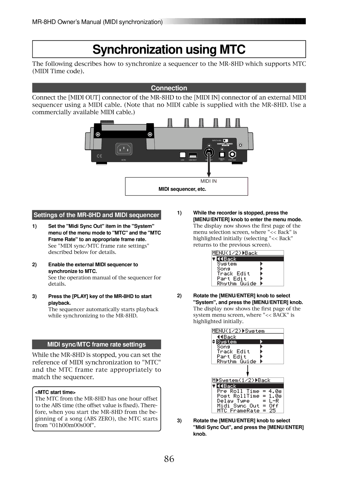 Fostex MR-8HD owner manual Synchronization using MTC, Connection, Midi sequencer, etc, MTC start time 