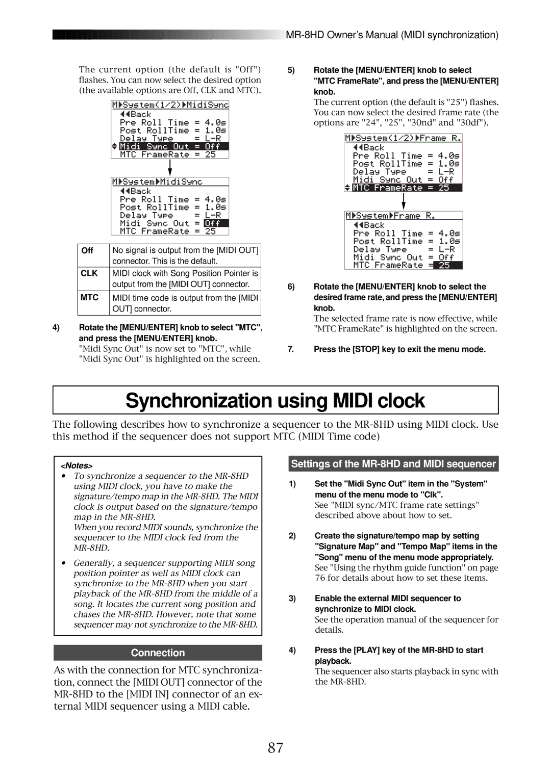 Fostex MR-8HD owner manual Synchronization using Midi clock, Off 