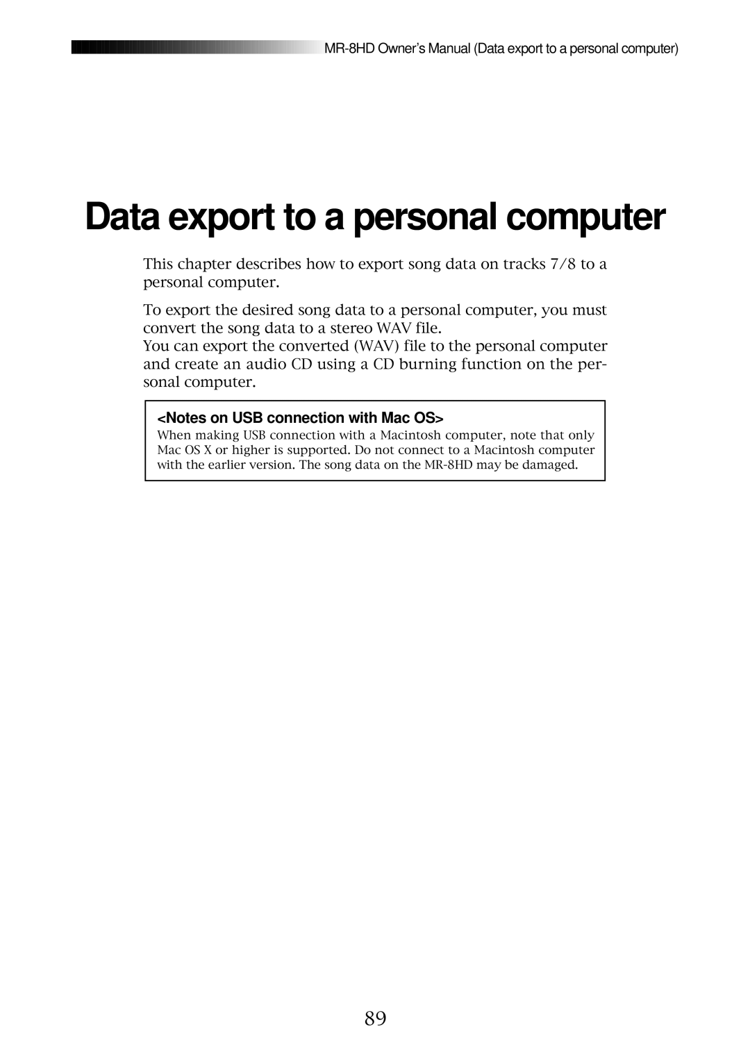 Fostex MR-8HD owner manual Data export to a personal computer 