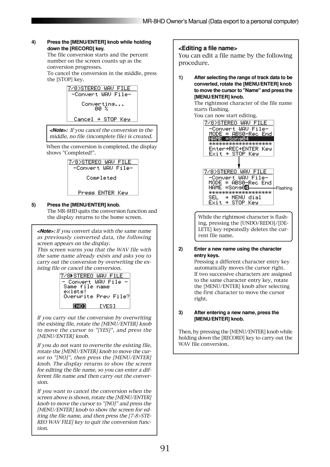 Fostex MR-8HD owner manual Editing a file name, Enter a new name using the character entry keys 