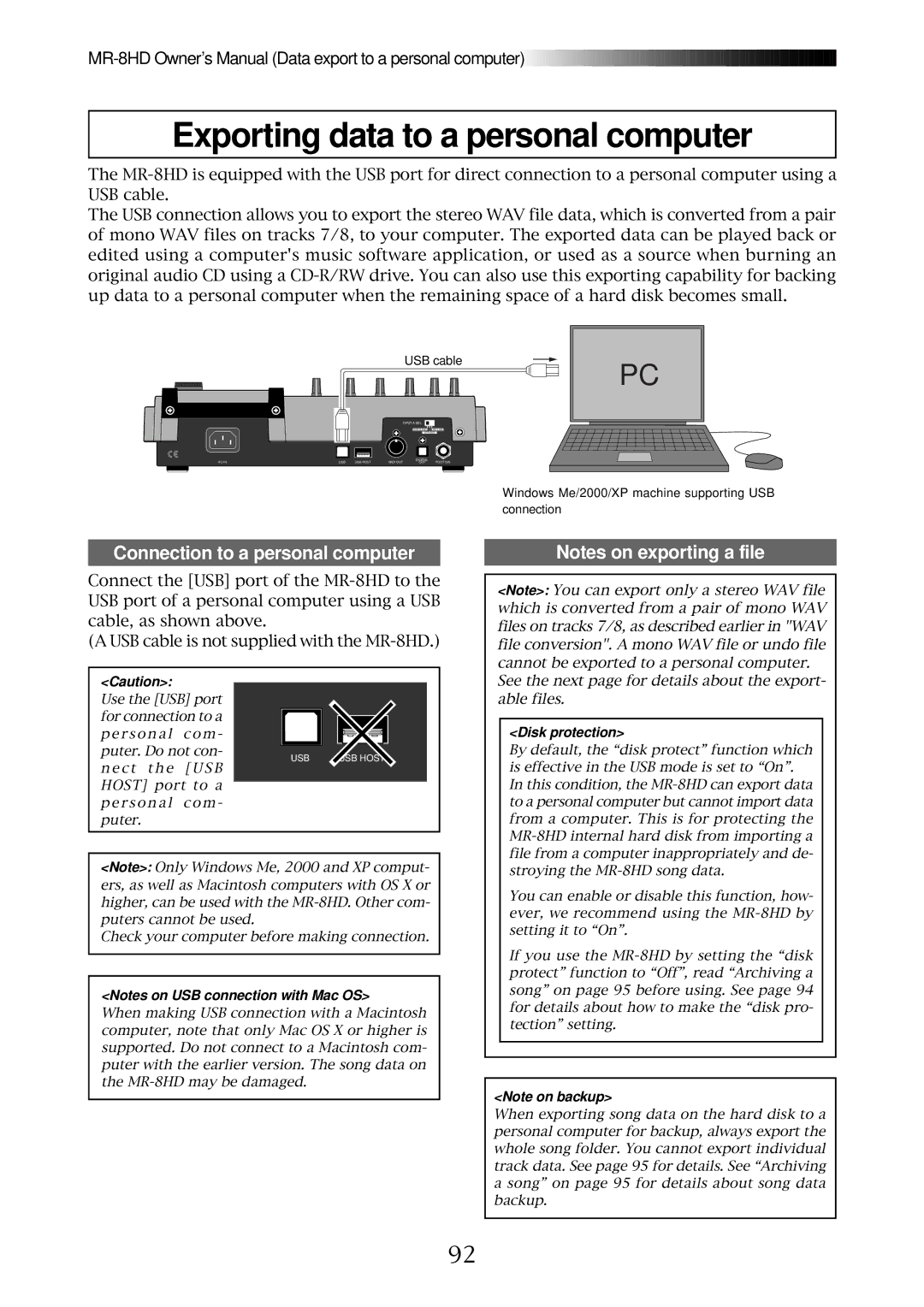 Fostex MR-8HD owner manual Exporting data to a personal computer, Connection to a personal computer 