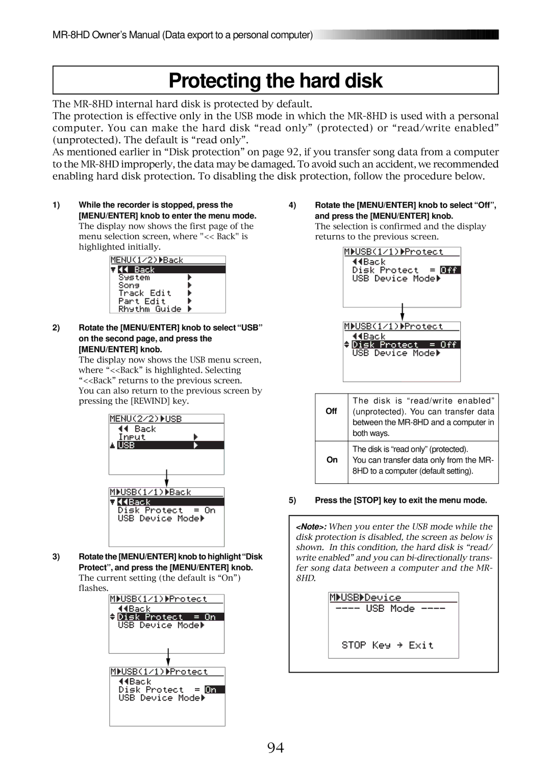 Fostex MR-8HD owner manual Protecting the hard disk, 8HD to a computer default setting 