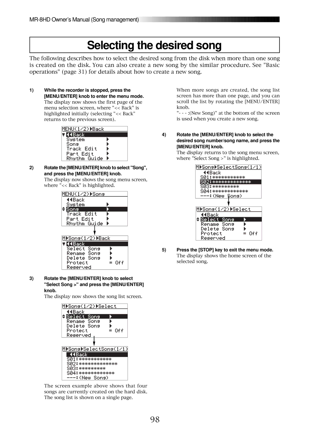 Fostex MR-8HD owner manual Selecting the desired song, Press the Stop key to exit the menu mode 