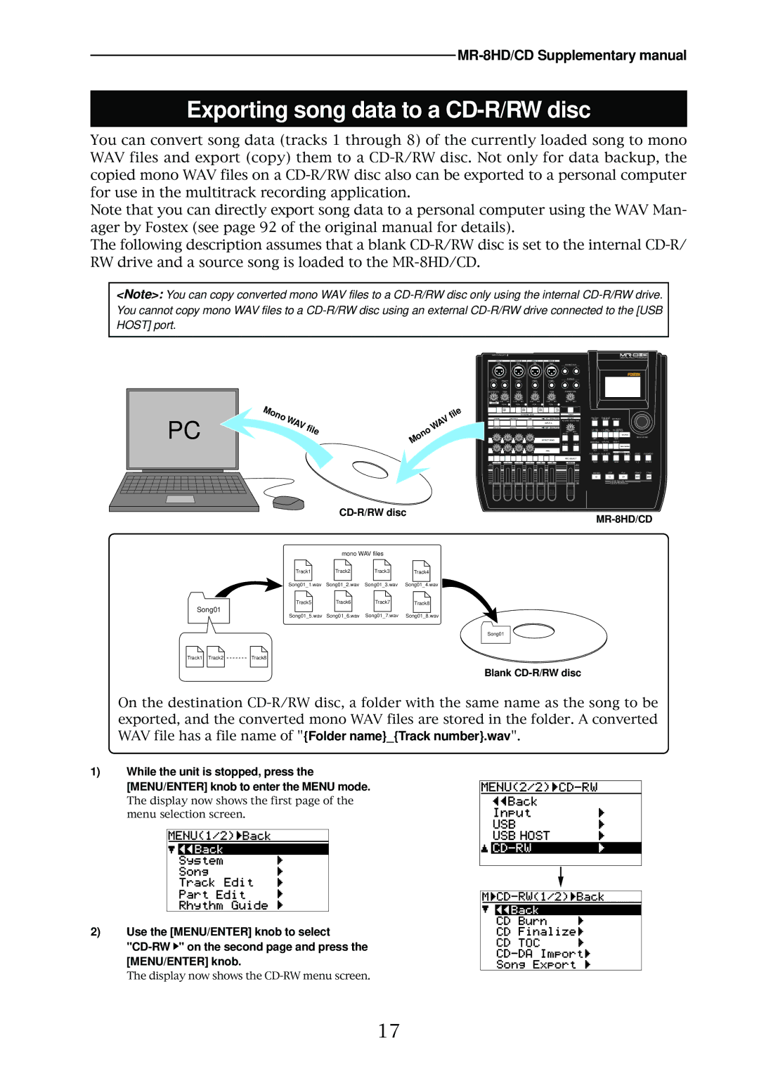 Fostex MR-8HD/CD supplementary manual Exporting song data to a CD-R/RW disc, Wav 