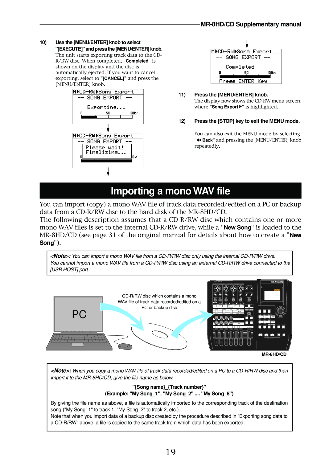 Fostex MR-8HD/CD supplementary manual Importing a mono WAV file, Press the MENU/ENTER knob 