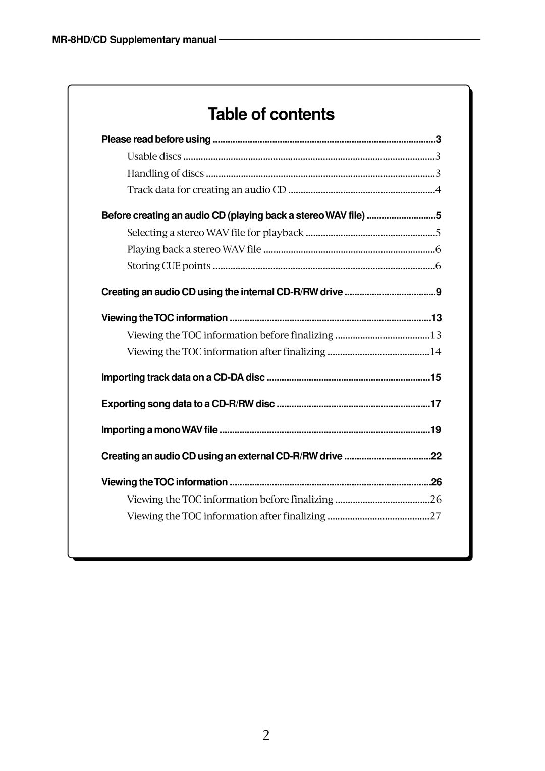 Fostex MR-8HD/CD supplementary manual Table of contents 