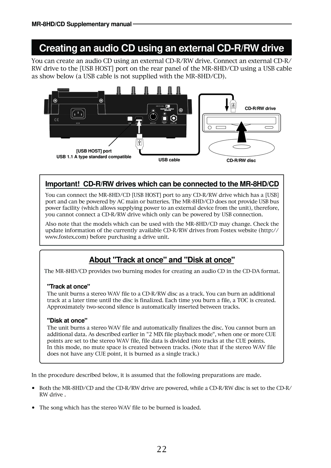 Fostex MR-8HD/CD supplementary manual Creating an audio CD using an external CD-R/RW drive 