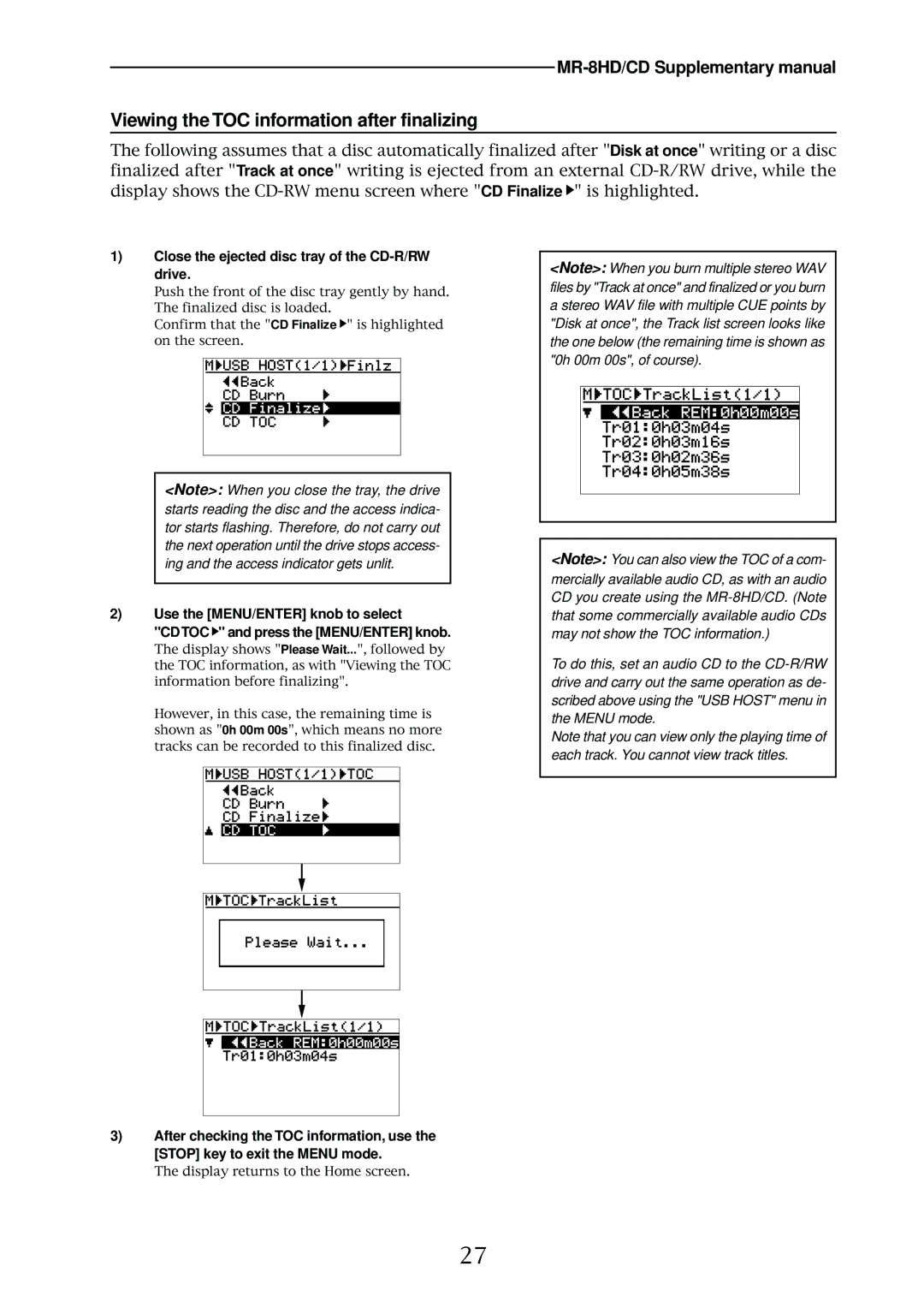 Fostex MR-8HD/CD supplementary manual Viewing the TOC information after finalizing 