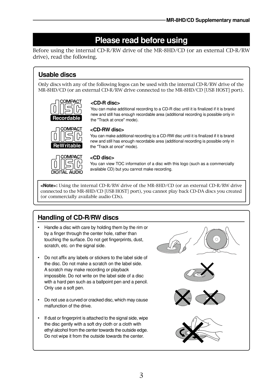 Fostex MR-8HD/CD supplementary manual Please read before using, Usable discs 