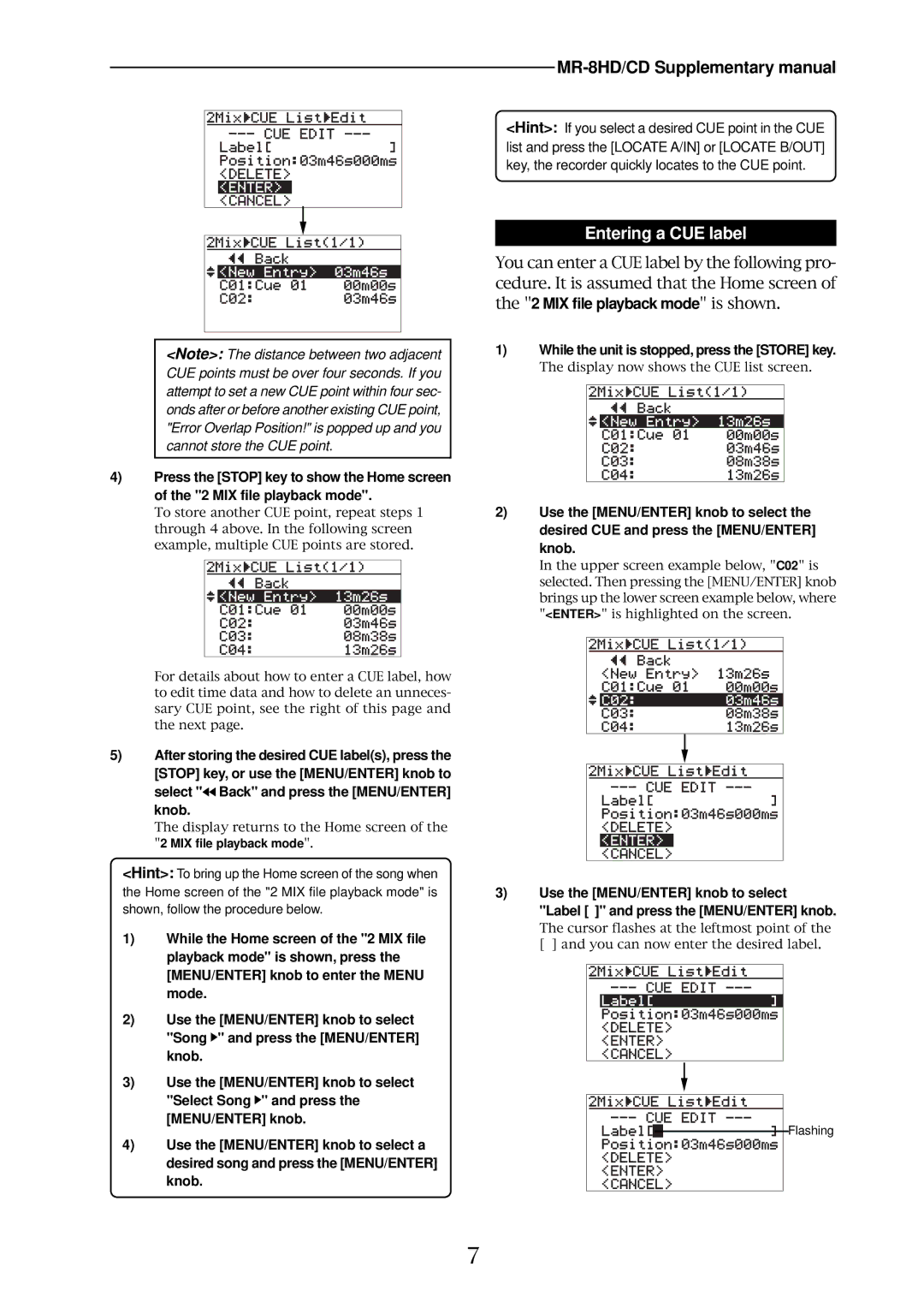 Fostex MR-8HD/CD supplementary manual Entering a CUE label, While the unit is stopped, press the Store key 