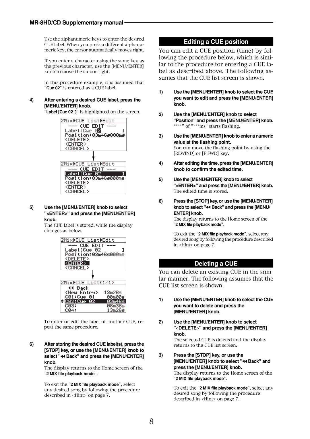 Fostex MR-8HD/CD supplementary manual Editing a CUE position 