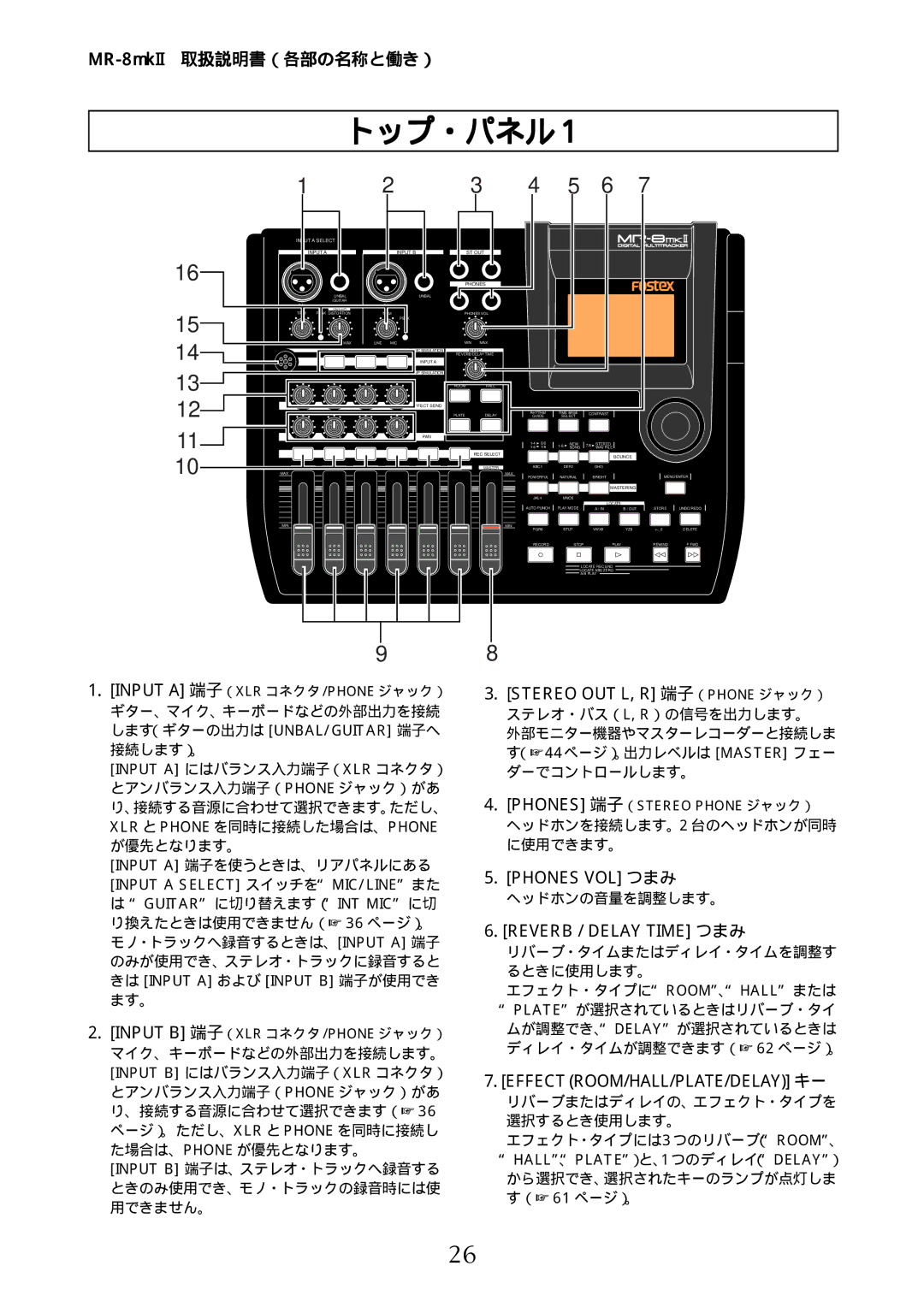 Fostex MR-8mkII manual Input B 端子は、ステレオ・トラックへ録音する ときのみ使用でき、モノ・トラックの録音時には使 用できません。, ヘッドホンの音量を調整します。 