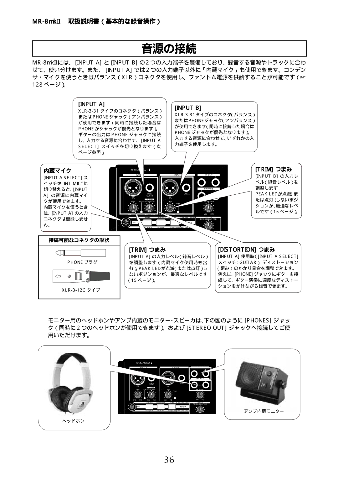 Fostex MR-8mkII manual 音源の接続, 内蔵マイク, 接続可能なコネクタの形状 