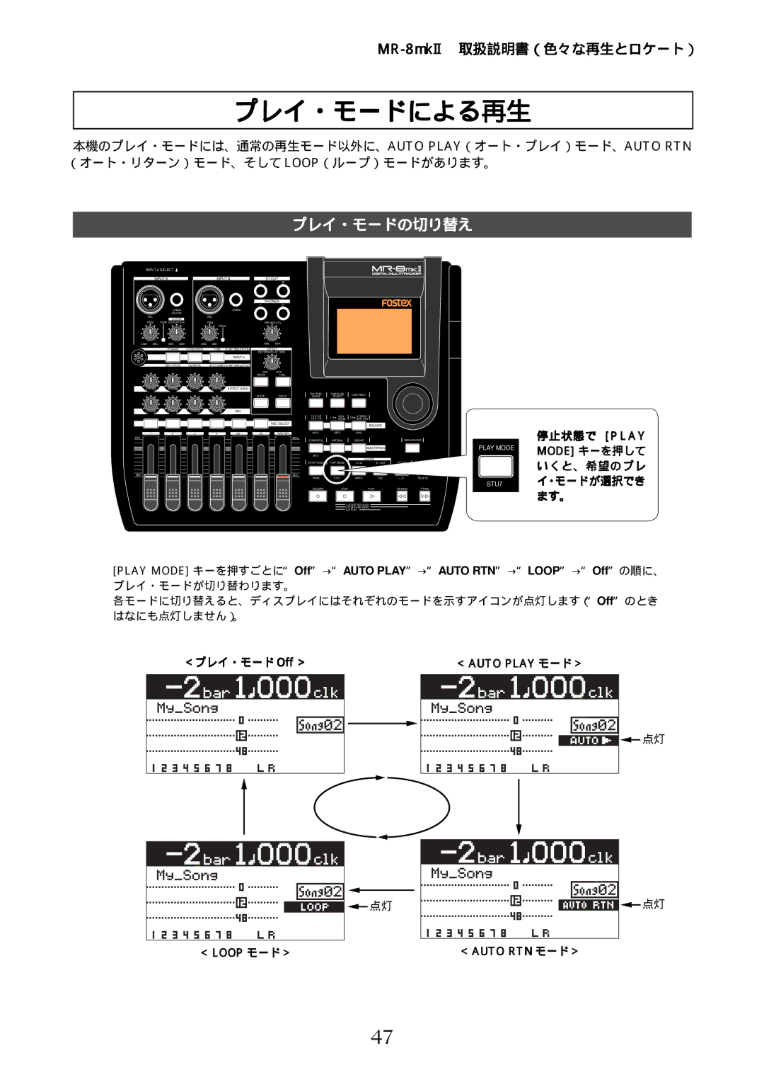 Fostex MR-8mkII プレイ・モードによる再生, プレイ・モードの切り替え, 停止状態で Play Mode キーを押して いくと、希望のプレ イ・モードが選択でき ます。, ＜プレイ・モード Off ＞, ＜ Loop モード＞ 