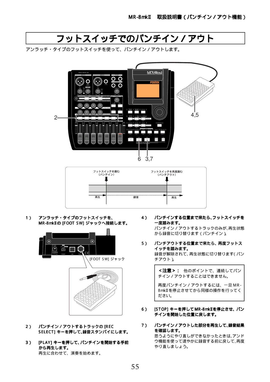 Fostex MR-8mkII manual フットスイッチでのパンチイン／アウト, アンラッチ・タイプのフットスイッチを使って、パンチイン／アウトします。, ） アンラッチ・タイプのフットスイッチを、 