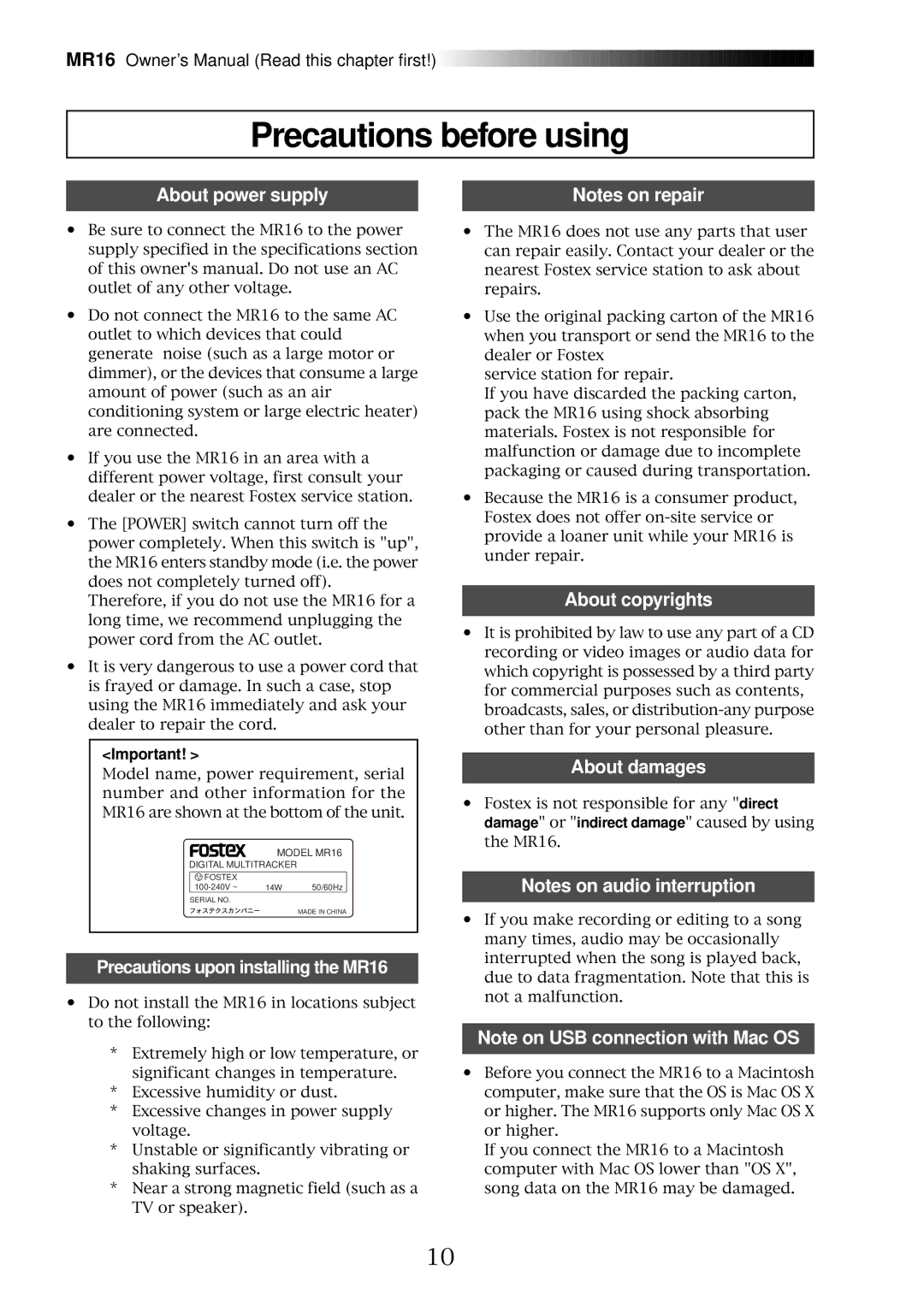 Fostex MR16 owner manual Precautions before using, About power supply, About copyrights, About damages 