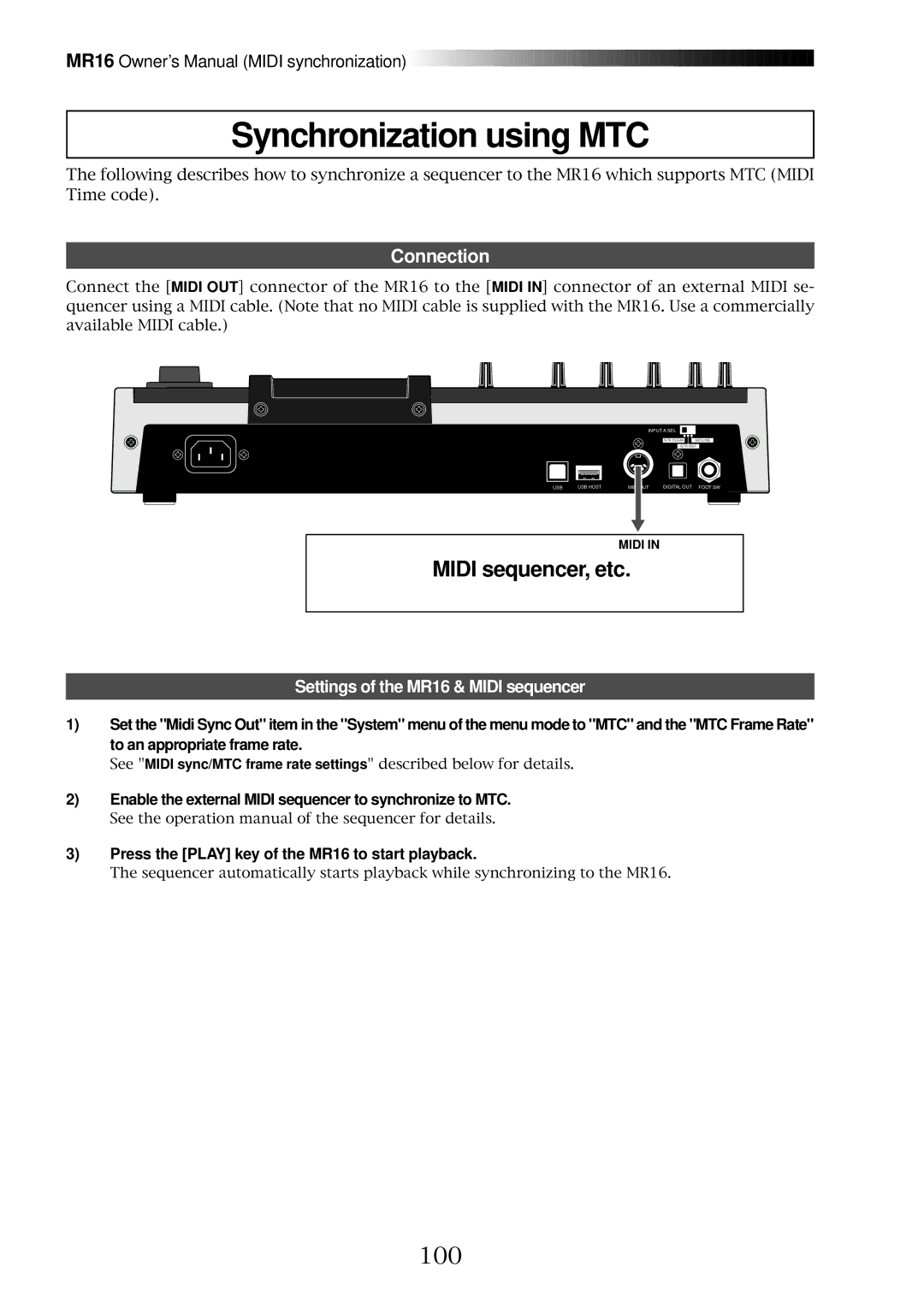 Fostex MR16 owner manual Synchronization using MTC, 100, Connection 