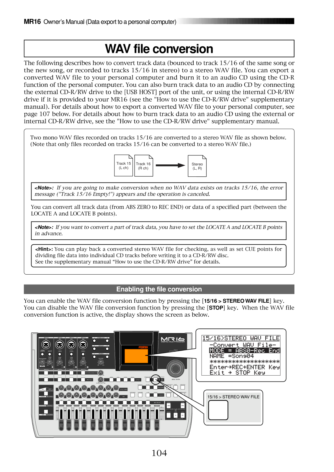 Fostex MR16 owner manual WAV file conversion, 104, Enabling the file conversion 