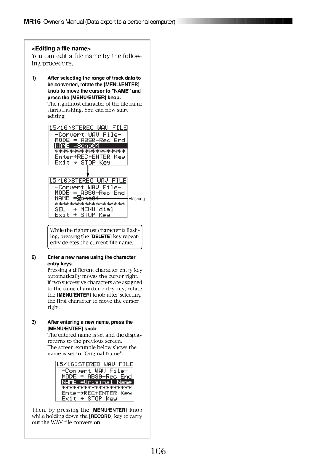 Fostex MR16 owner manual 106, Editing a file name, Enter a new name using the character entry keys 