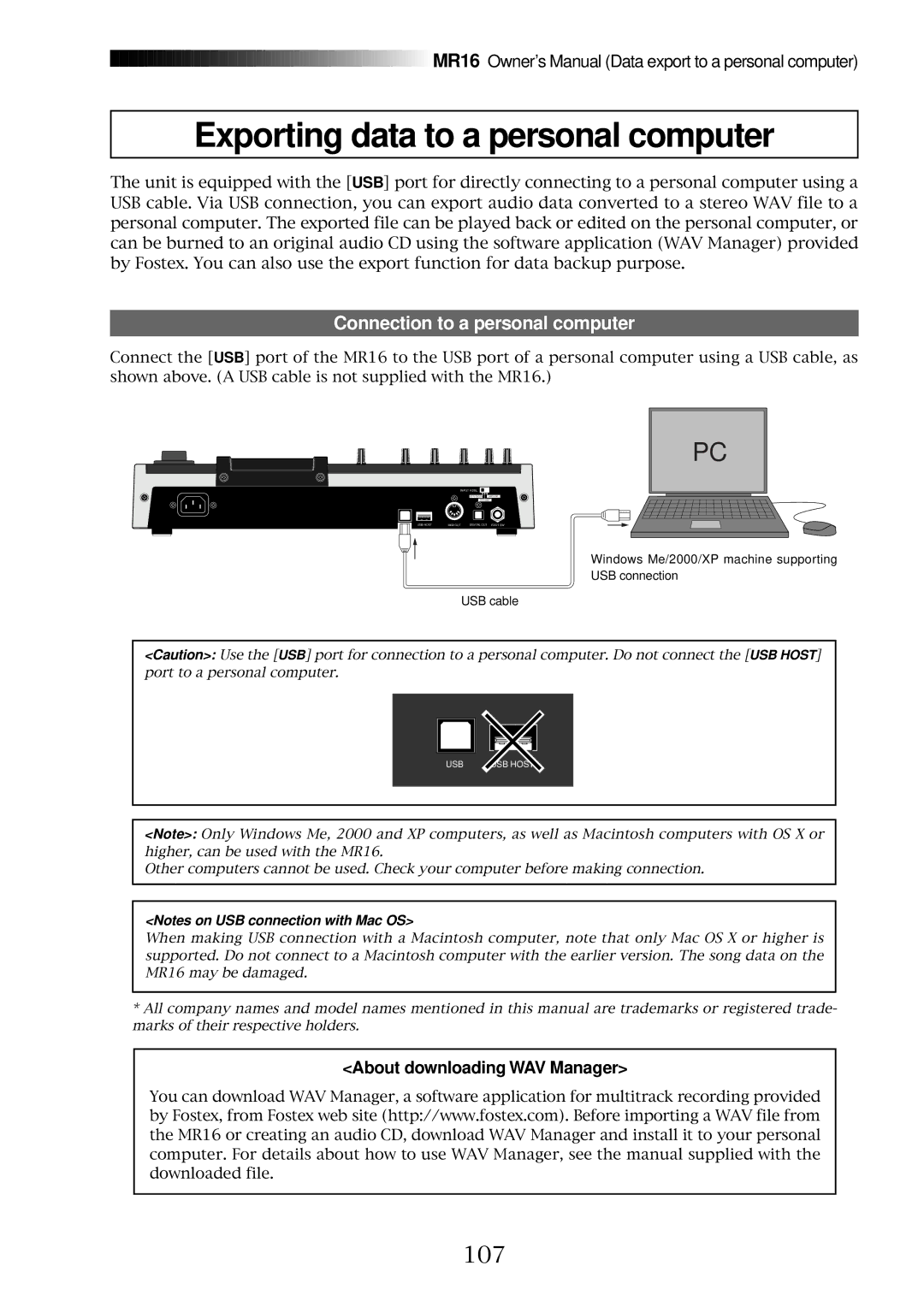 Fostex MR16 Exporting data to a personal computer, 107, Connection to a personal computer, About downloading WAV Manager 