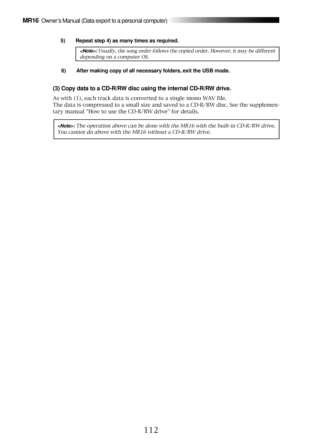 Fostex MR16 owner manual 112, Copy data to a CD-R/RW disc using the internal CD-R/RW drive 