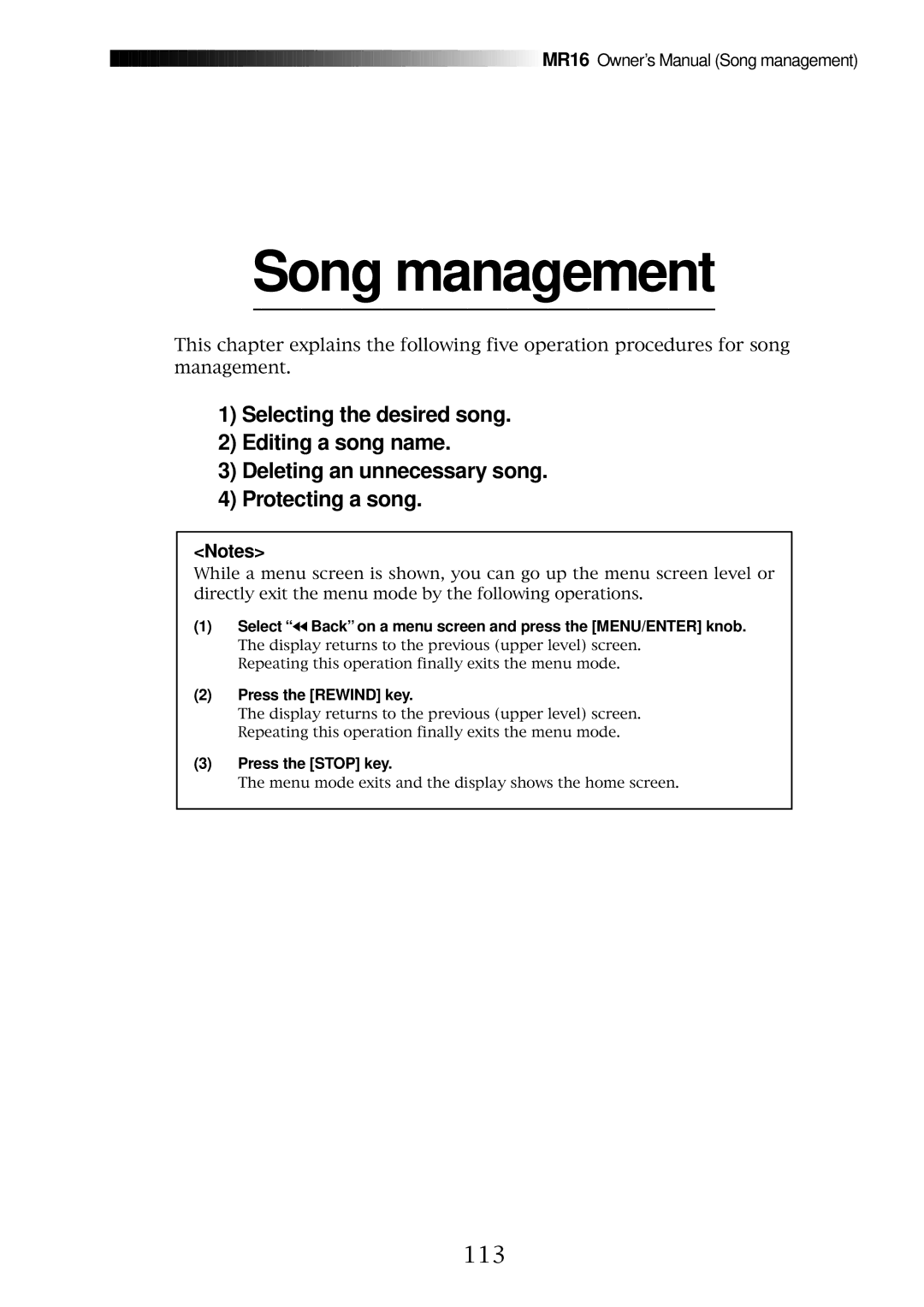 Fostex MR16 Song management, 113, Select Back on a menu screen and press the MENU/ENTER knob, Press the Rewind key 