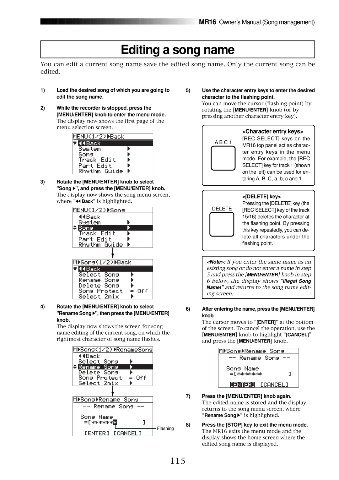 Fostex MR16 owner manual Editing a song name, 115, Character entry keys 